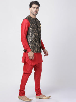 Men's Red Cotton Silk Blend Ethnic Jacket, Kurta and Dhoti Pant Set