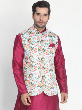 VASTRAMAY Men's Light Multi color Reversible Silk Blend Floral Ethnic Jacket