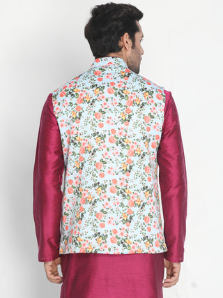 VASTRAMAY Men's Light Multi color Reversible Silk Blend Floral Ethnic Jacket