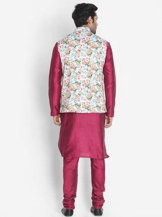 Men's Purple Cotton Blend Kurta, Ethnic Jacket and Pyjama Set