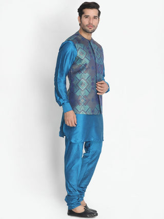Men's Dark Blue Cotton Blend Kurta, Ethnic Jacket and Pyjama Set