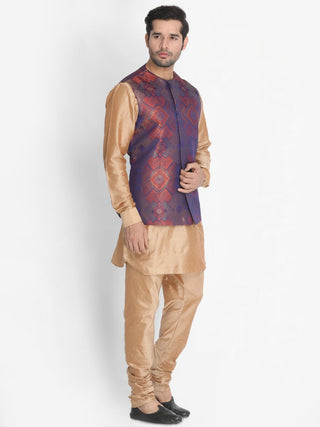 Men's Gold Cotton Blend Kurta, Ethnic Jacket and Pyjama Set
