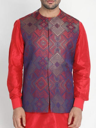 Men's Red Silk Blend Ethnic Jacket