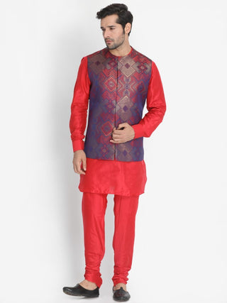 Men's Red Silk Blend Ethnic Jacket