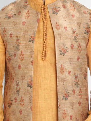 Men's Yellow Cotton Silk Blend Kurta, Ethnic Jacket and Pyjama Set