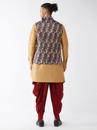 VASTRAMAY Men's Rose Gold Silk Blend Kurta and Dhoti Pant With Cotton Blend Ethnic Jacket