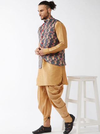 VASTRAMAY Men's Cotton Blend Ethnic Jacket With Rose Gold Silk Blend Kurta and Dhoti Pant
