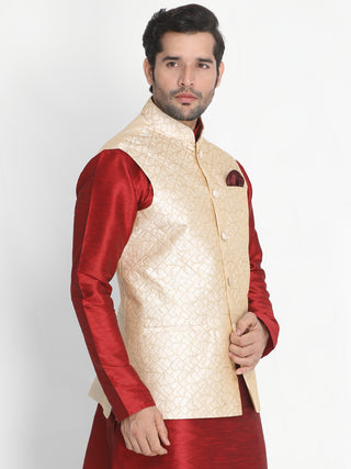 VASTRAMAY Men's Beige Silk Blend Ethnic Jacket