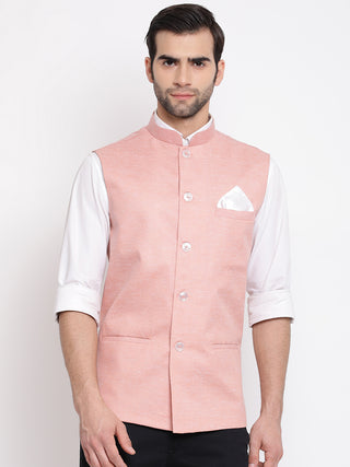 VASTRAMAY Men's Peach Solid Classic Royal Cotton Blend Nehru Jacket