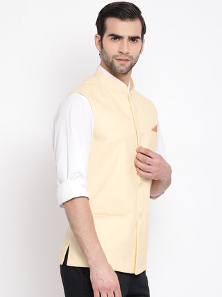 VASTRAMAY Men's Cream Solid Classic Royal Cotton Blend Nehru Jacket