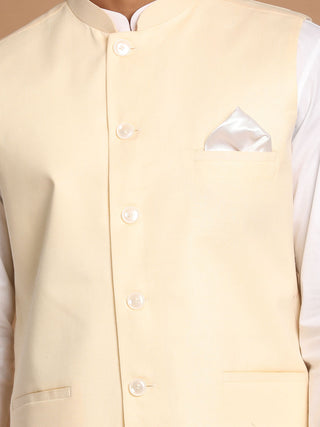 VASTRAMAY Men's White Cotton Kurta, Solid Royal Nehru Jacket and Pyjama Set