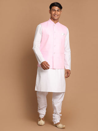 VASTRAMAY Men's White Cotton Kurta, Solid Royal Nehru Jacket and Pyjama Set