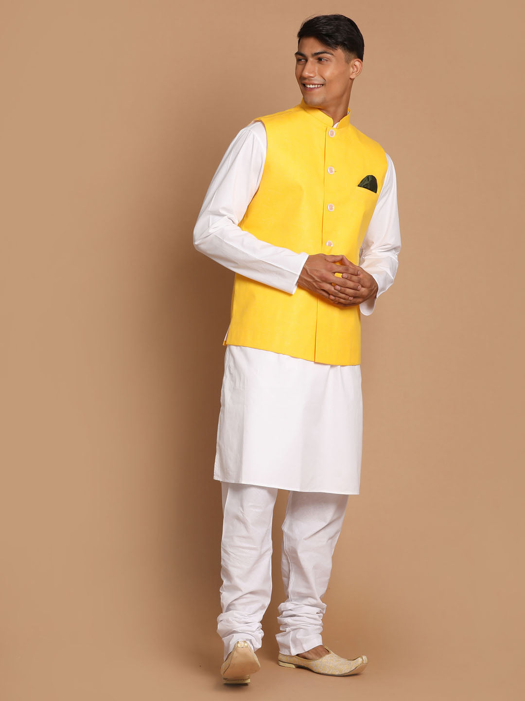 Men's White Cotton Kurta, Solid Royal Nehru Jacket And Pyjama Set