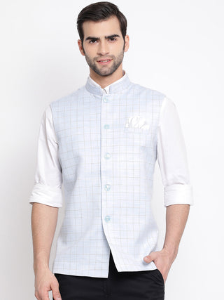 VASTRAMAY Men's Blue Checkered Classic Linen Nehru Jacket