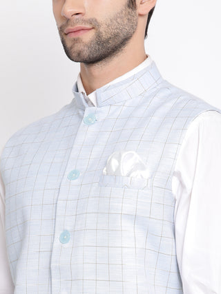 VASTRAMAY Men's Blue Checkered Classic Linen Nehru Jacket