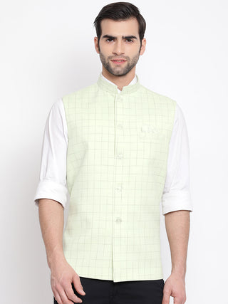 VASTRAMAY Men's Mint Green Checkered Classic Linen Nehru Jacket