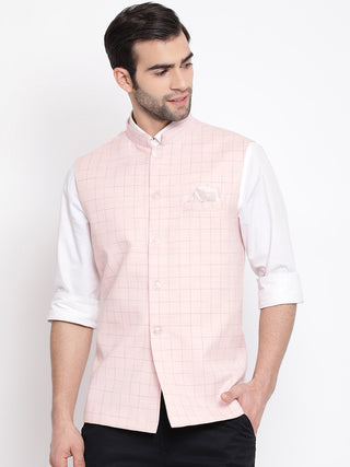 VASTRAMAY Men's Pink Checkered Classic Linen Nehru Jacket