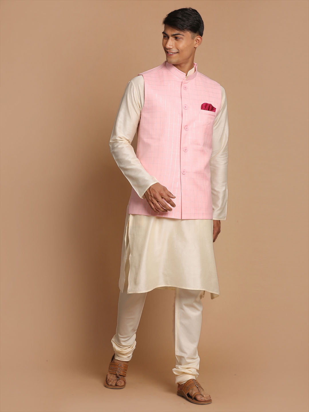 Men's Cream Cotton Kurta, Checkered Royal Linen Nehru Jacket And Pyjama Set