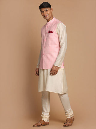VASTRAMAY Men's Cream Cotton Kurta, Checkered Royal Linen Nehru Jacket and Pyjama Set
