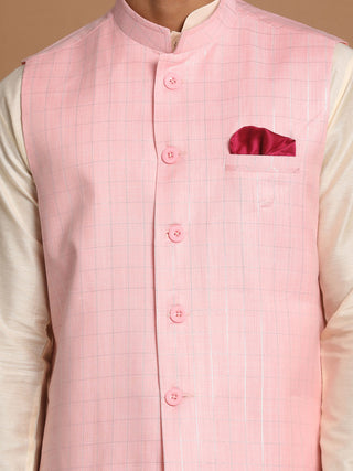 VASTRAMAY Men's Cream Cotton Kurta, Checkered Royal Linen Nehru Jacket and Pyjama Set