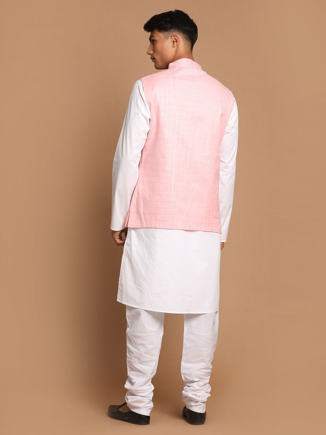 Men's White Cotton Kurta, Checkered Royal Linen Nehru Jacket And Pyjama Set