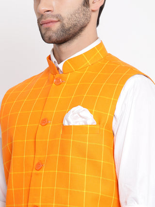 VASTRAMAY Men's Orange Checkered Pattern Classic Nehru Jacket