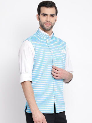 VASTRAMAY Men's Blue Stripes And Angrakha Pattern Classic Nehru Jacket