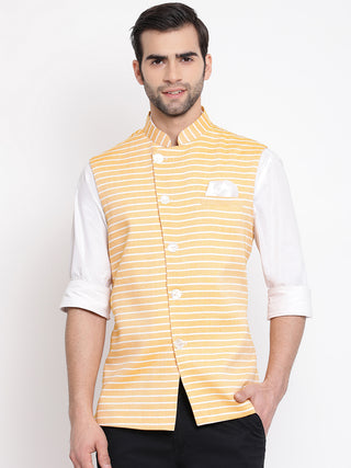 VASTRAMAY Men's Orange Stripes And Angrakha Pattern Classic Nehru Jacket