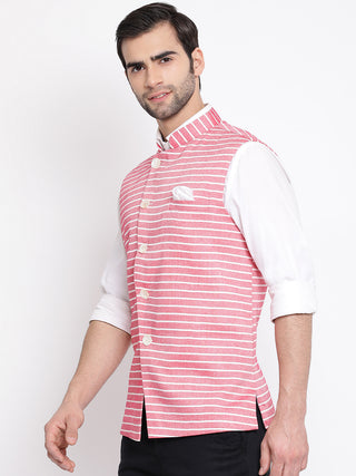 VASTRAMAY Men's Red Stripes And Angrakha Pattern Classic Nehru Jacket
