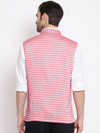 VASTRAMAY Men's Red Stripes And Angrakha Pattern Classic Nehru Jacket