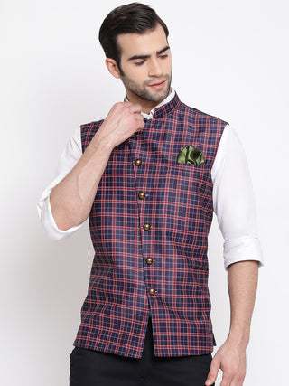 VASTRAMAY Men's Blue Checked And Angrakha Pattern Classic Nehru Jacket