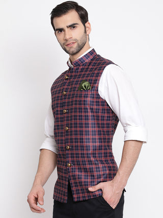 VASTRAMAY Men's Blue Checked And Angrakha Pattern Classic Nehru Jacket