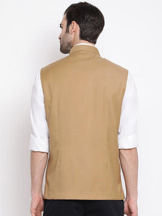 VASTRAMAY Men' s Beige Cotton Blend Twill Nehru Jacket