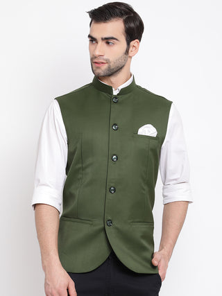 VASTRAMAY Men's Green Cotton Blend Twill Nehru Jacket