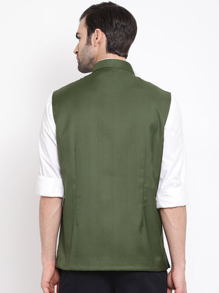 VASTRAMAY Men's Green Cotton Blend Twill Nehru Jacket