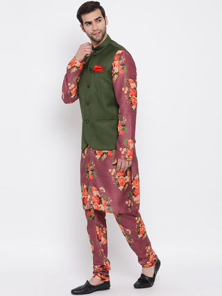 VASTRAMAY Men's Green Twill Jacket, Printed Kurta and Pyjama Set