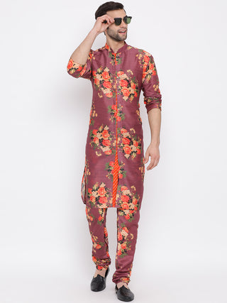 VASTRAMAY Maroon Twill Jacket, Printed Kurta and Pyjama Set