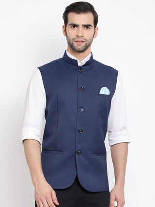 VASTRAMAY Men's Navy Blue Cotton Blend Twill Nehru Jacket