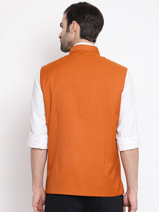 VASTRAMAY Orange Cotton Blend Twill Nehru Jacket