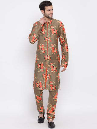 VASTRAMAY Men's Orange Twill Jacket, Printed Kurta and Pyjama Set