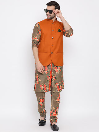 VASTRAMAY Men's Orange Twill Jacket, Printed Kurta and Pyjama Set