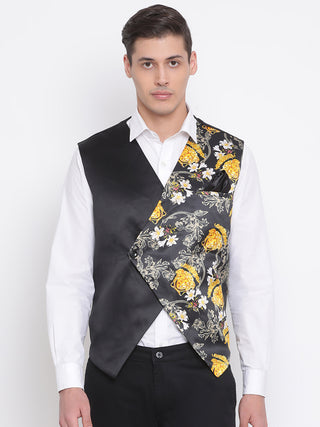VASTRAMAY Men's Black Floral Printed Waistcoat Jacket