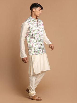 VASTRAMAY Men's Cream Digital Print Nehru Jacket With Cream Kurta And Pyjama
