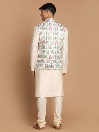 VASTRAMAY Men's Cream Digital Print Nehru Jacket With Cream Kurta And Pyjama