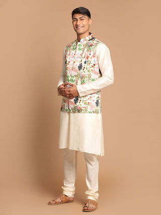 VASTRAMAY Men's Green Digital Printed Royal Ethnic Jacket With Cream Kurta Pyjama