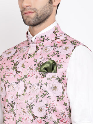 VASTRAMAY Men's Pink Digital Floral Printed Royal Nehru Jacket