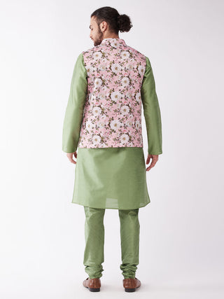 VASTRAMAY Men's Pink Floral Printed Ethnic Jacket With Green Silk Blend Kurta and Pyjama Set