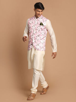 VASTRAMAY Men's Pink Digital Floral Printed Royal Angrakha Nehru Jacket With Cream Kurta Pyjama Set