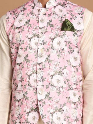 VASTRAMAY Men's Pink Digital Floral Printed Royal Angrakha Nehru Jacket With Cream Kurta Pyjama Set