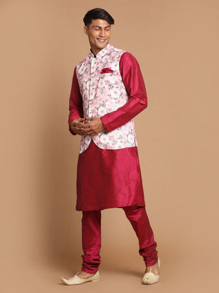 VASTRAMAY Men's Pink Floral Printed Ethnic Jacket With Purple Cotton Silk Blend Kurta Pyjama